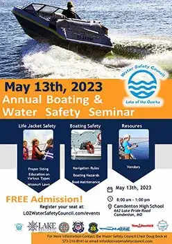 Flyer for the May 13, 2023 Annual Boating & Water Safety Seminar at Camdenton High School.