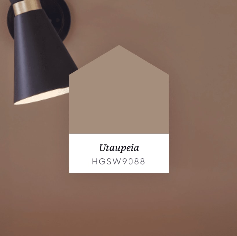 Taupe paint sample labeled Utaupeia, color code HGSW9088.