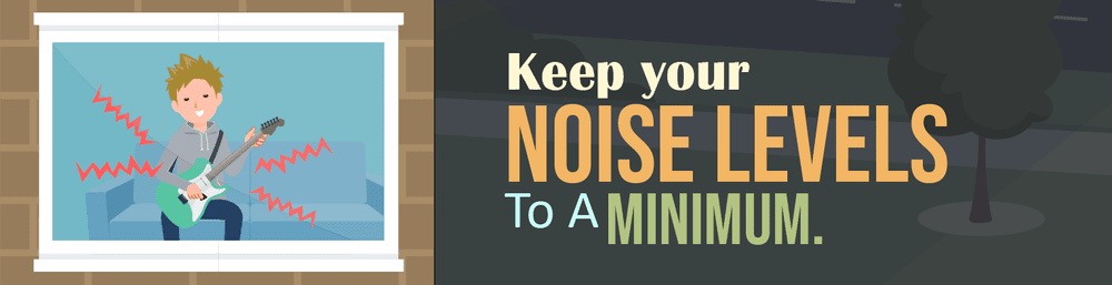 A cartoon boy plays guitar by a window, with sound waves illustrated around him. Text advises to keep noise levels minimal.