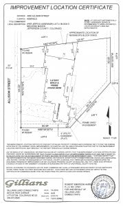 Improvement location certificate showing a residential property survey with boundaries and measurements.
