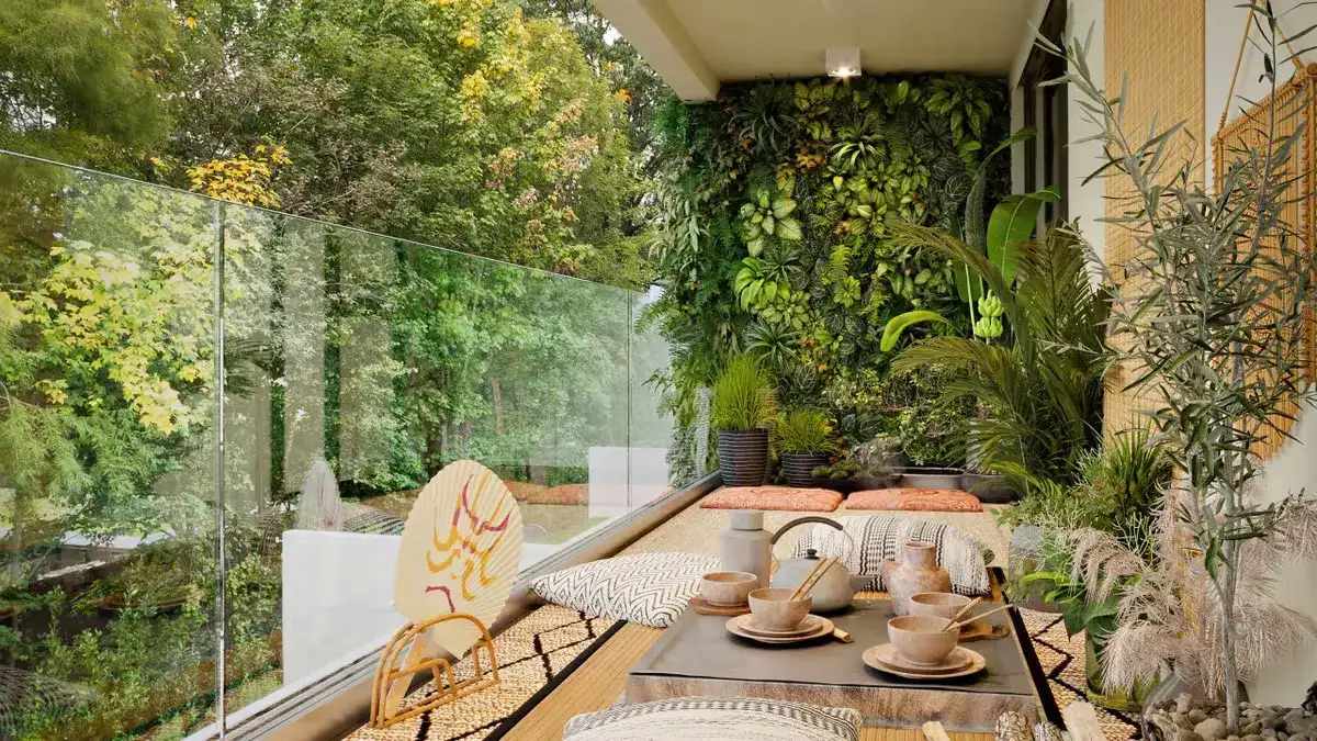 A cozy balcony with a glass railing, featuring lush greenery, cushions, and a dining setup with pottery and decorative elements.
