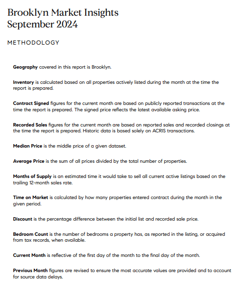 Methodology for the September 2024 Brooklyn Market Insights report, defining market data terms.