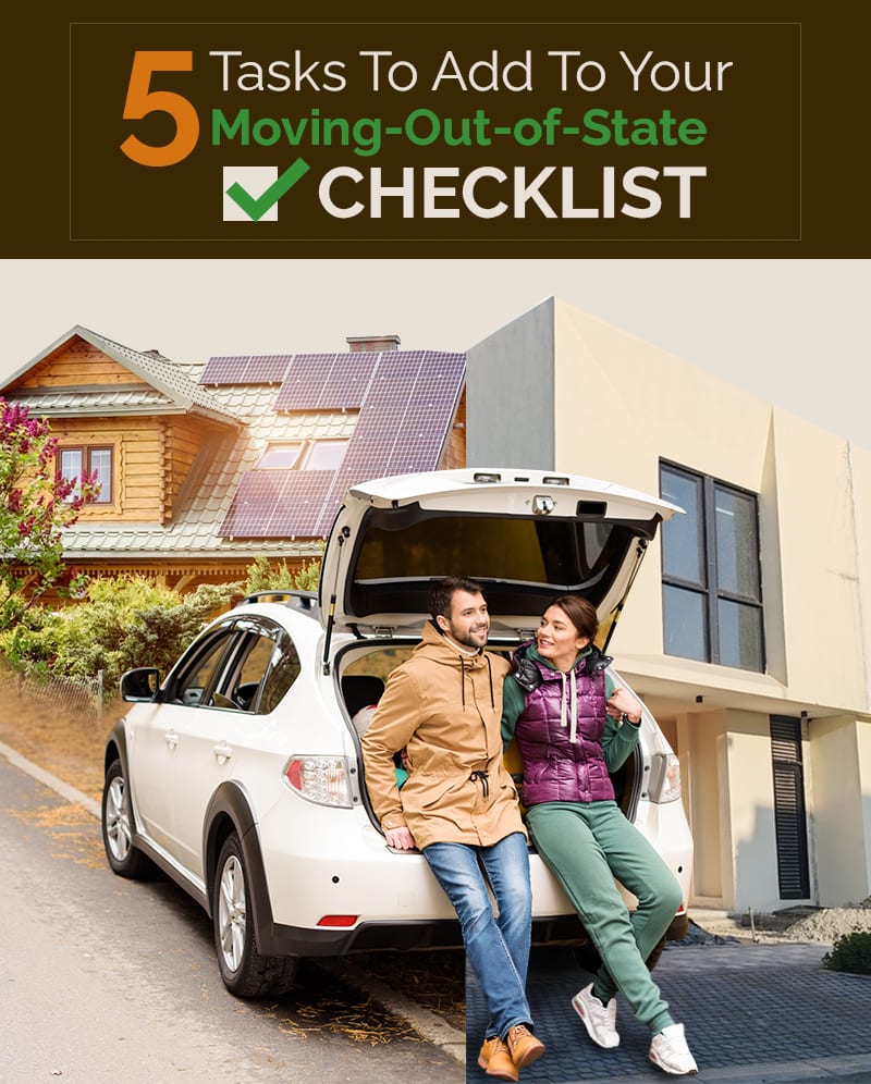 Five tasks to add to your moving-out-of-state checklist, illustrated by a couple beside a white SUV.