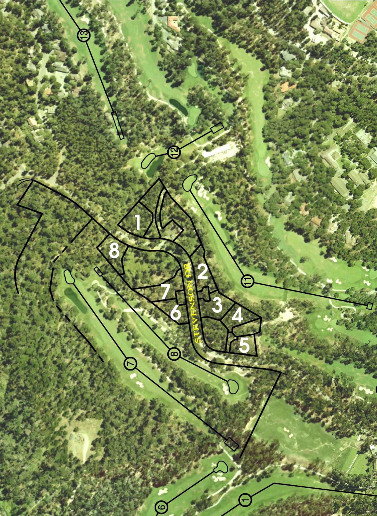 Aerial map showing numbered future-phase lots along Stevenson Drive amid wooded golf-course grounds.