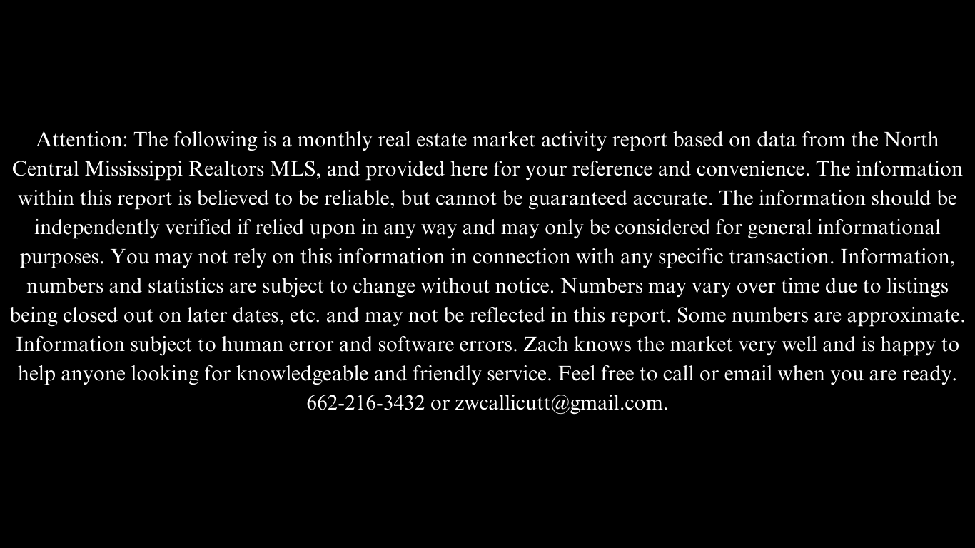 Monthly real estate report disclaimer with contact information for Zach Callicutt.