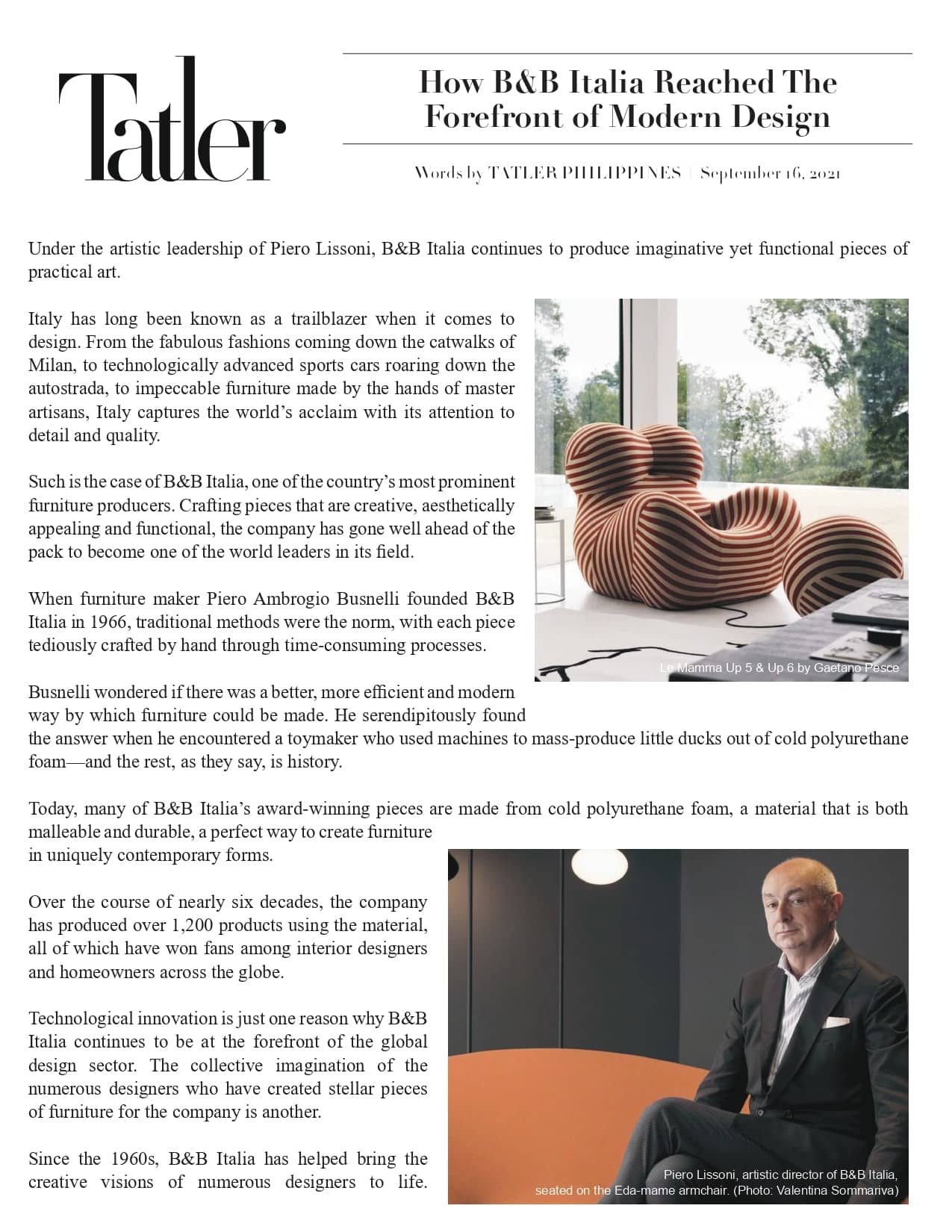 Tatler Philippines article about B&B Italia, featuring a striped sculptural chair and artistic director Piero Lissoni.