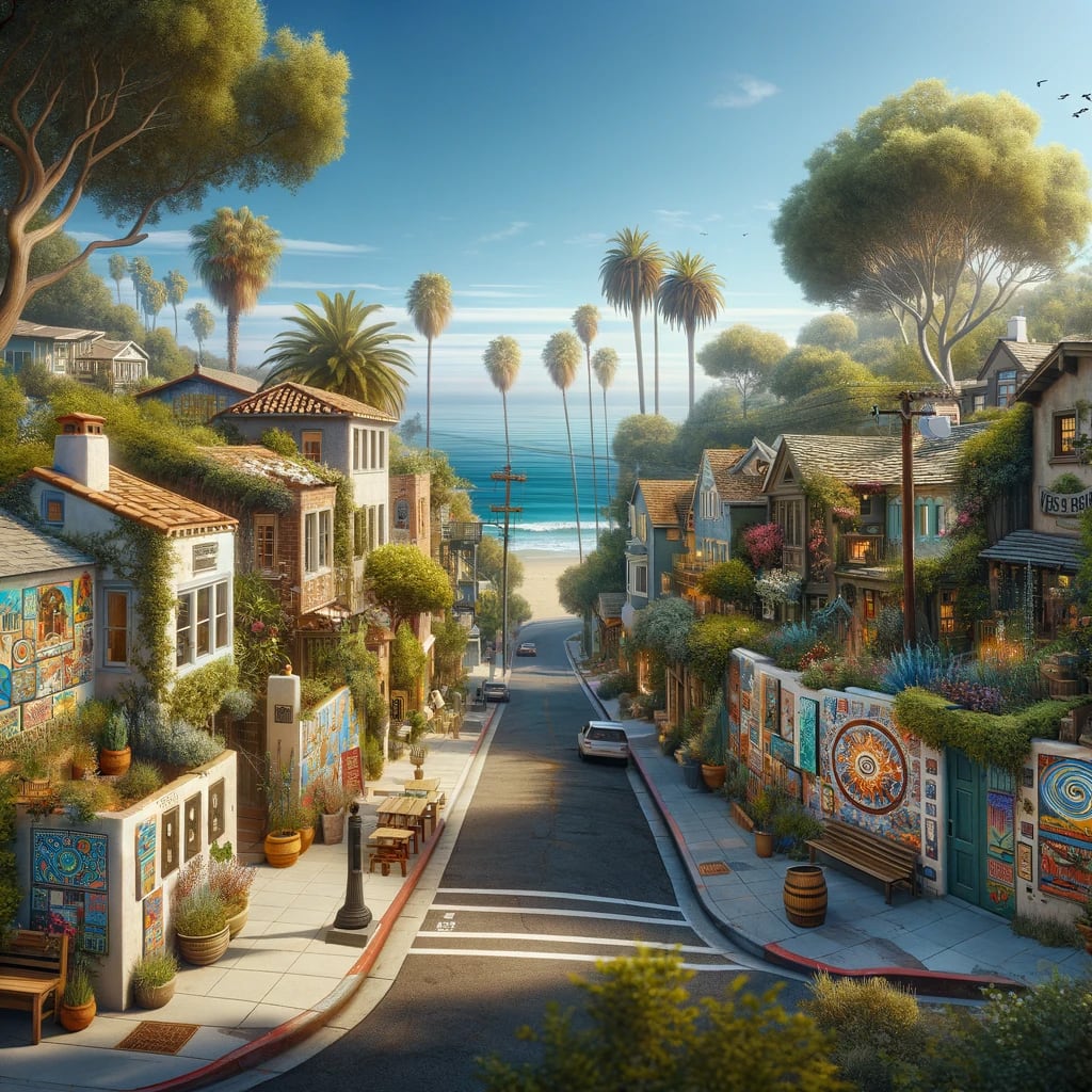 Aerial view of South Laguna Village neighborhood, Laguna Beach, CA, near scenic beaches and shops.
