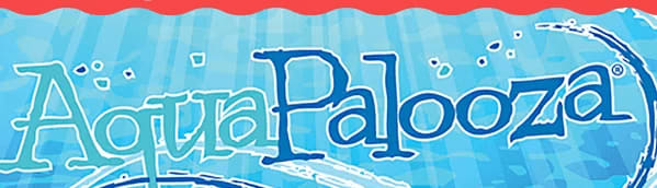 AquaPalooza event banner with blue water-themed lettering.