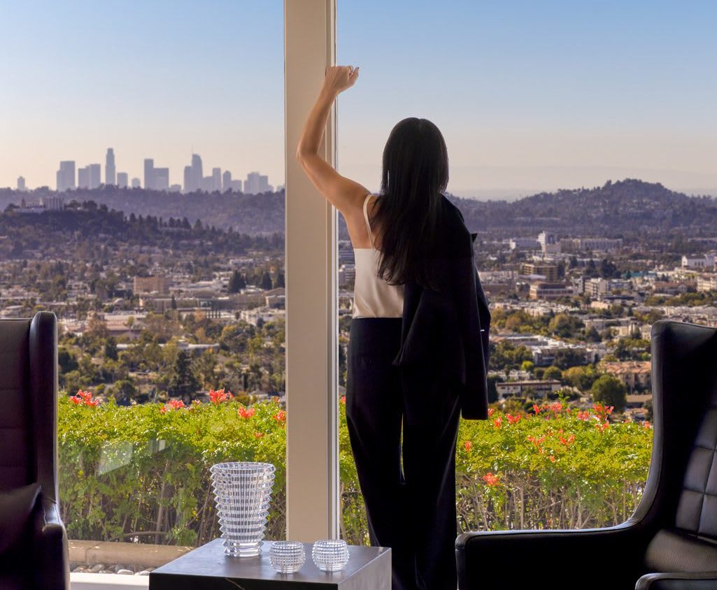 Silva Hameline, a real estate expert at Hameline Global, gazes at the cityscape through a window.