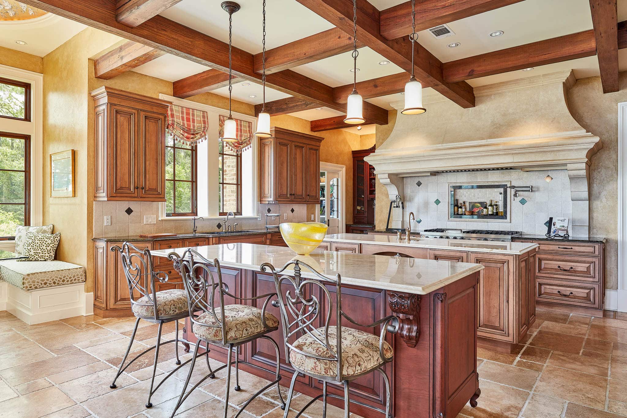 Open kitchen area with double islands and large counter top areas