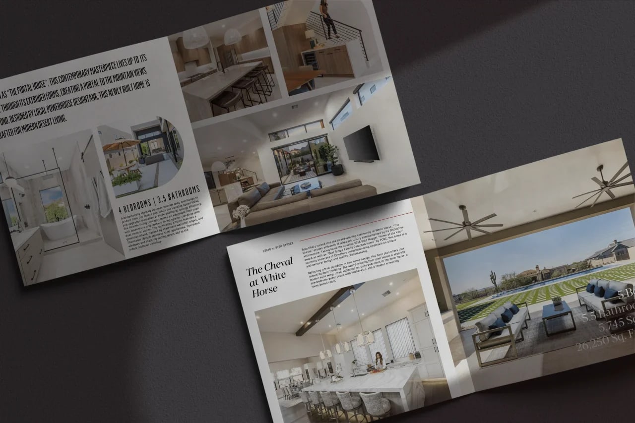 A brochure showcasing a luxurious house and inviting living room.