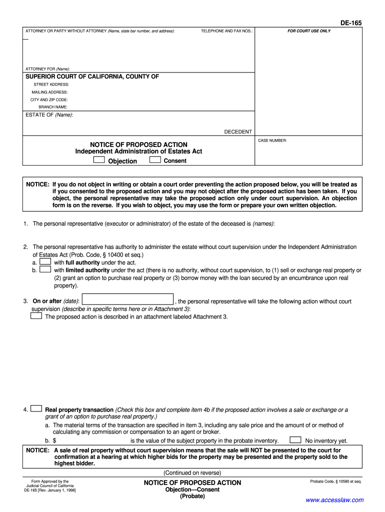 California Notice of Proposed Action Form DE-165 Instructions