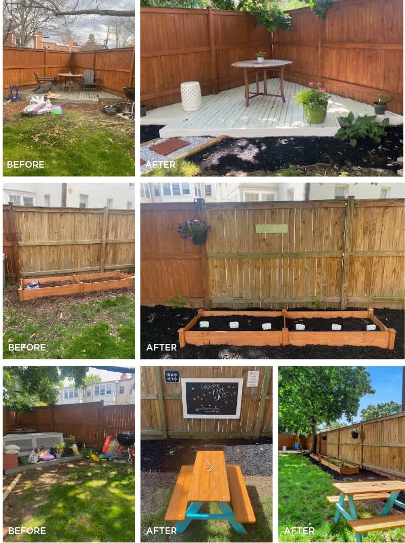 Backyard makeover with a wooden deck, raised garden beds, fresh mulch, and picnic seating.