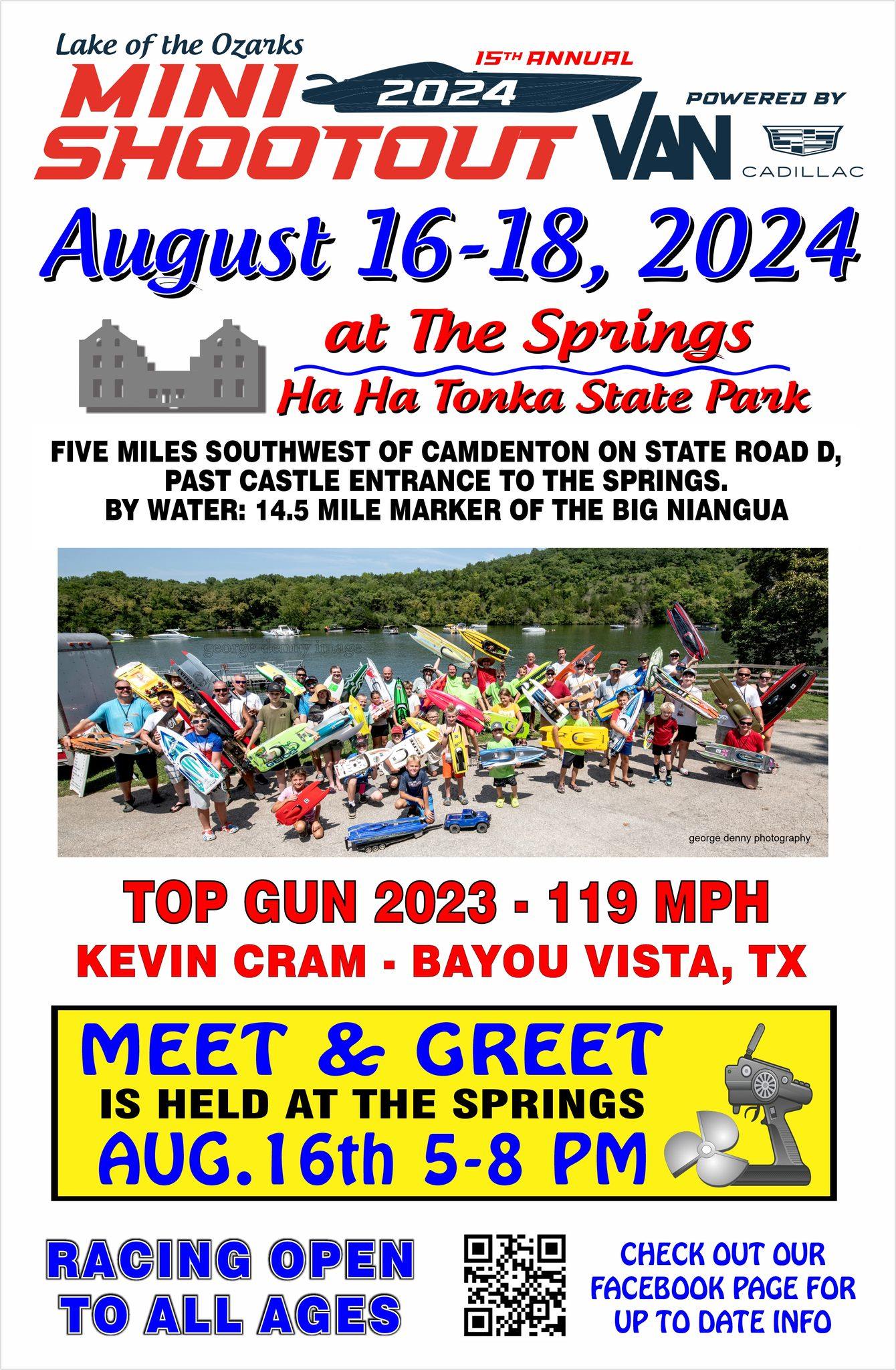 Flyer for the 2024 Lake of the Ozarks Mini Shootout, with event dates, venue, group photo, and meet-and-greet details.