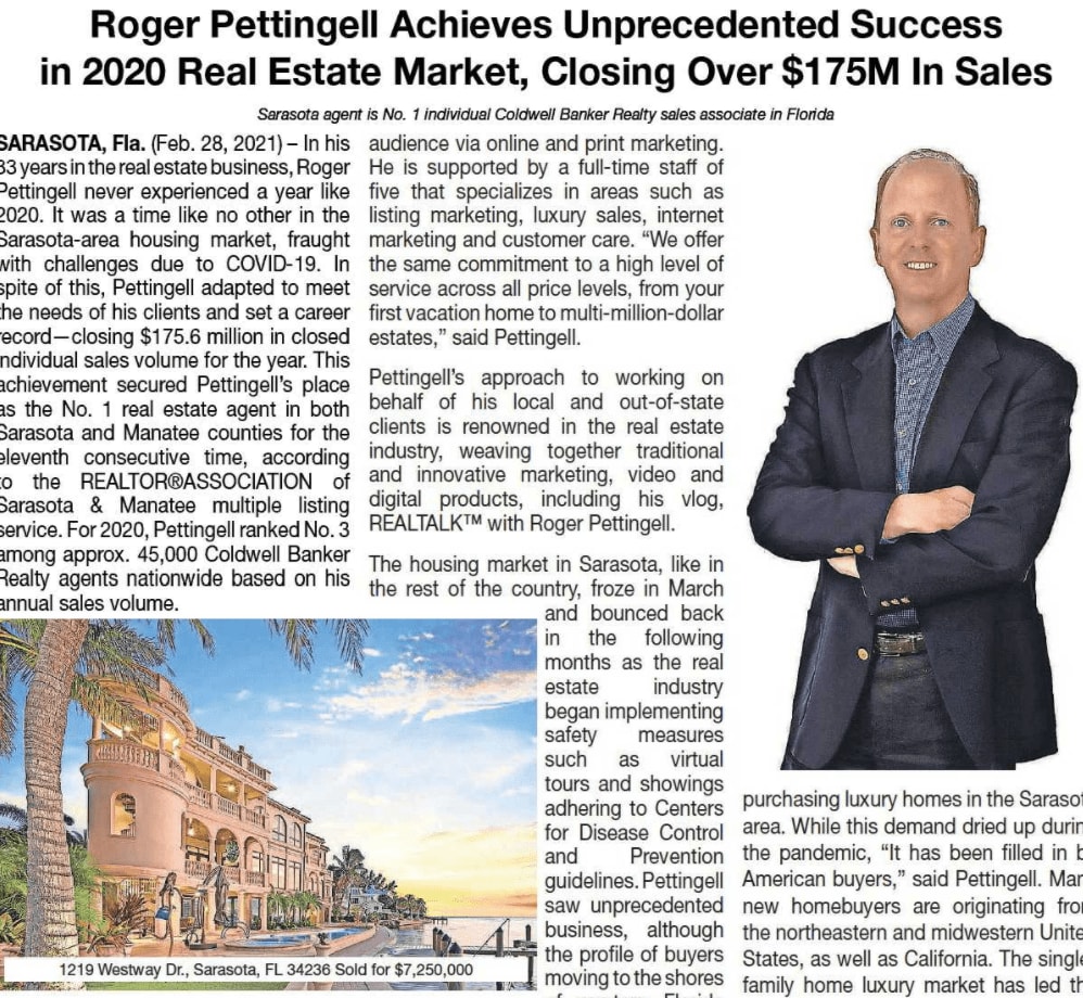 Roger Pettingell Achieves Unprecedented Success in 2020, Closing Over $175M in Sales.