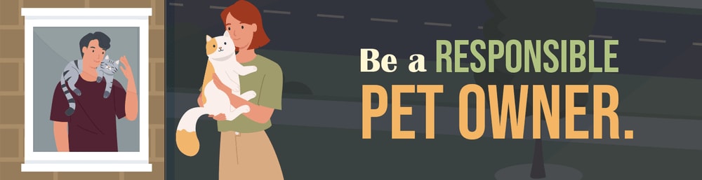Illustration promoting responsible pet ownership, featuring a woman holding a cat and a man with cats in a window.