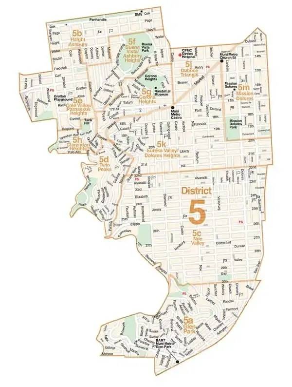Map outlining San Francisco District 5 and its neighborhoods.