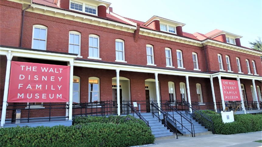 The charming brick facade of the Walt Disney Family Museum, housed in a former Army barracks in San Francisco's Presidio.
