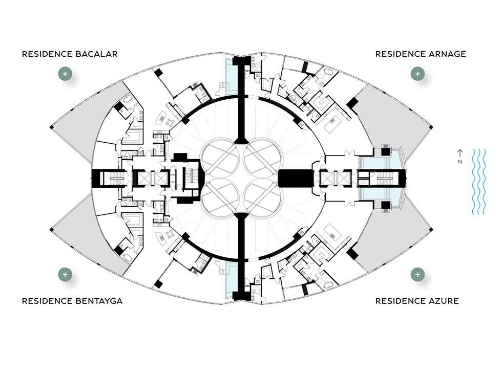 Bentley Residences floor plan with four named residences arranged around a circular central core.