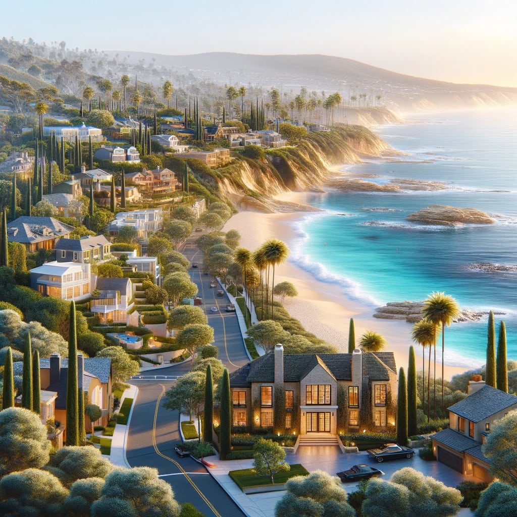 Coastal cottages and estates of North Laguna Beach, California, near beaches and parks.