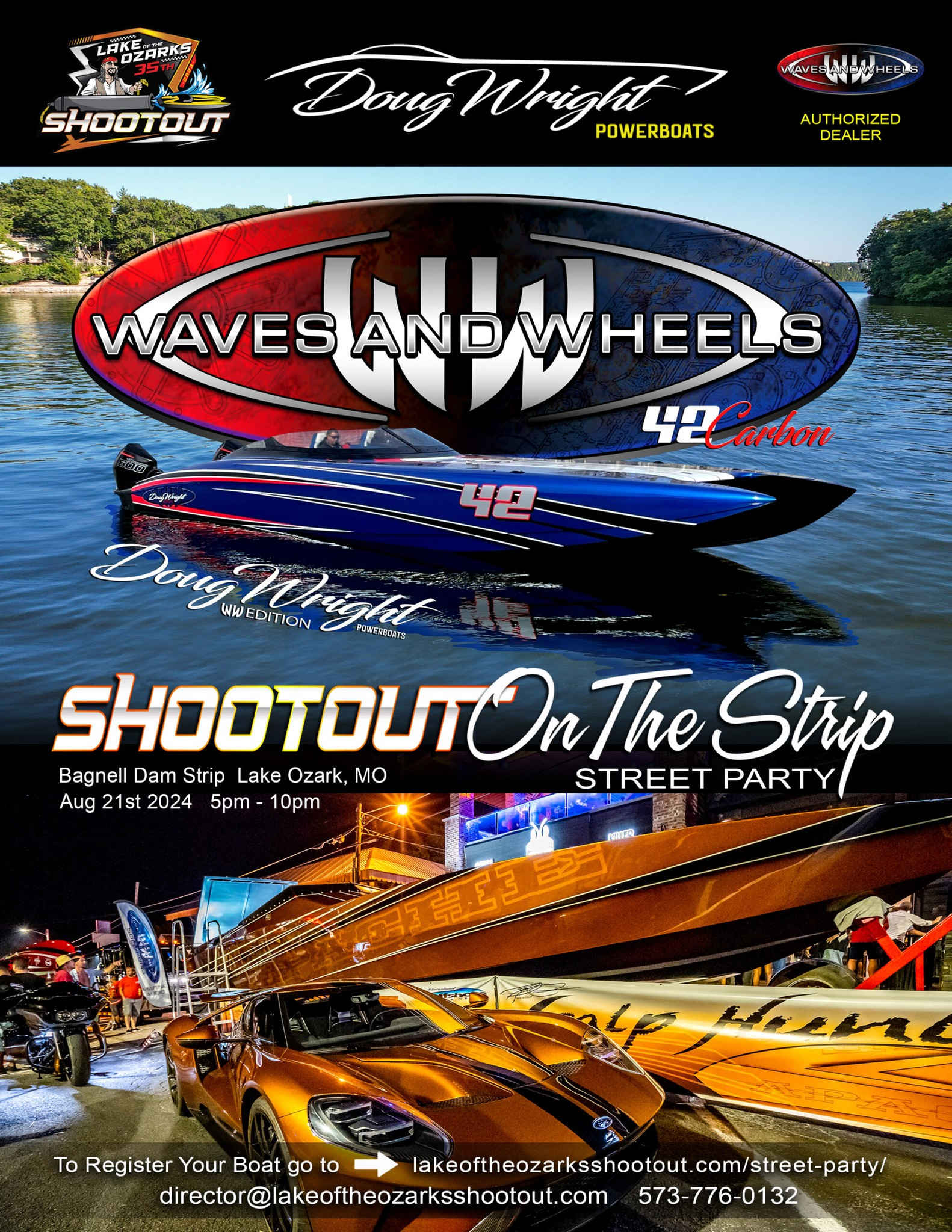 Waves and Wheels Shootout on the Strip street party flyer for August 21, 2024, in Lake Ozark.