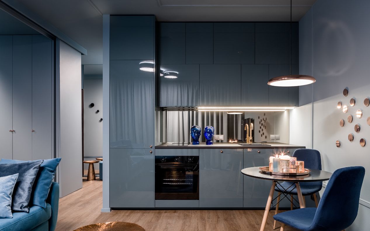 Dark interior with open kitchen