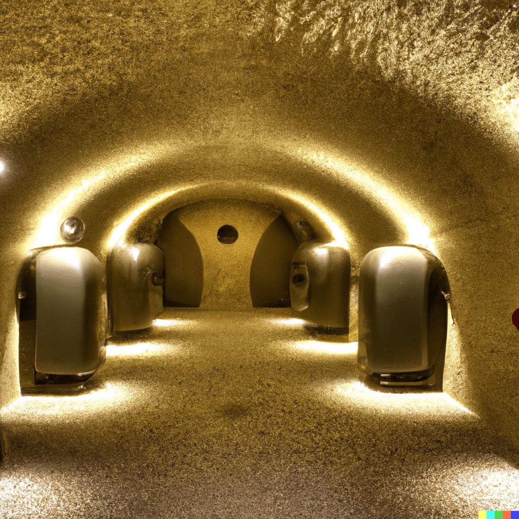 A golden, textured interior with curved walls and soft lighting, featuring several rounded, metallic objects.