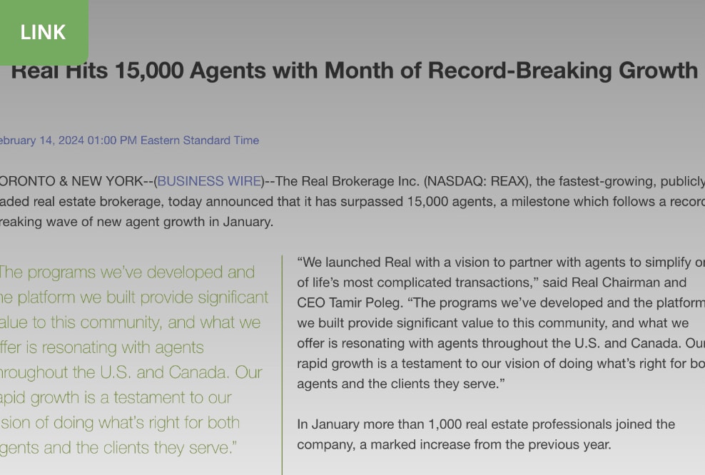 The Real Brokerage Surpasses 15k Agents