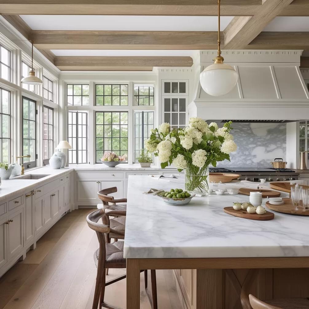 A bright and airy kitchen with white cabinets and a marble countertop.