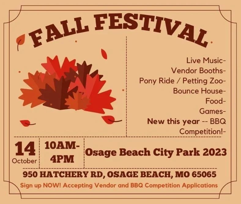 Fall Festival flyer for October 14, 2023, at Osage Beach City Park, featuring a BBQ competition and family activities.