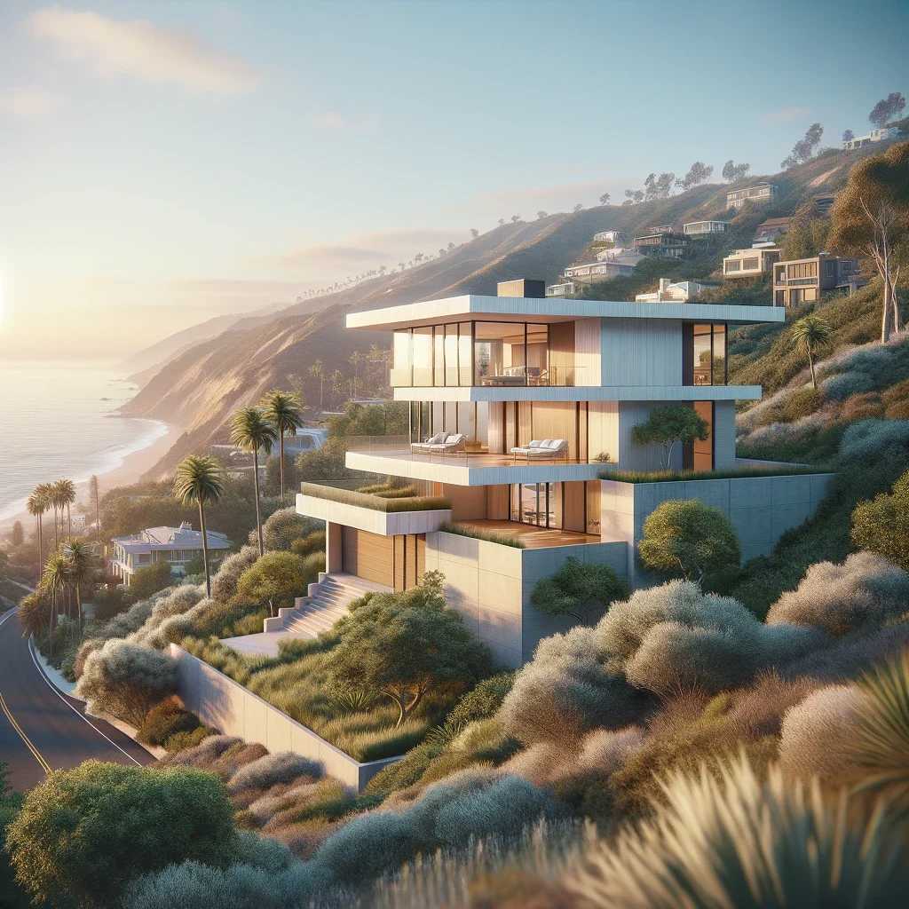 Panoramic artist view of Arch Beach Heights neighborhood, Laguna Beach, California, with nature and homes.