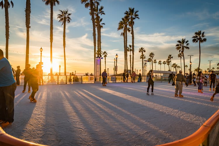 Ice skating at Surf City Winter Wonderland, Huntington Beach Pier Plaza