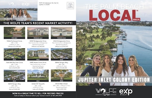 Wolfe Team real estate mailer featuring Jupiter Inlet Colony homes and recent market activity.
