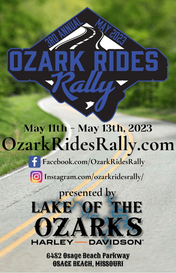 Flyer for the 3rd Annual Ozark Rides Rally, May 11–13, 2023, presented by Lake of the Ozarks Harley-Davidson.