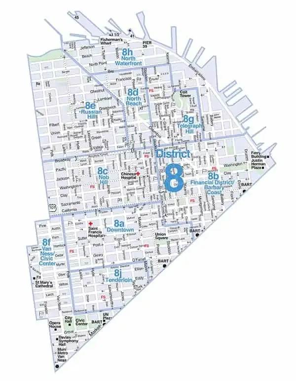 Map of San Francisco District 8 neighborhoods, including North Beach, Nob Hill, Downtown, and the Financial District.