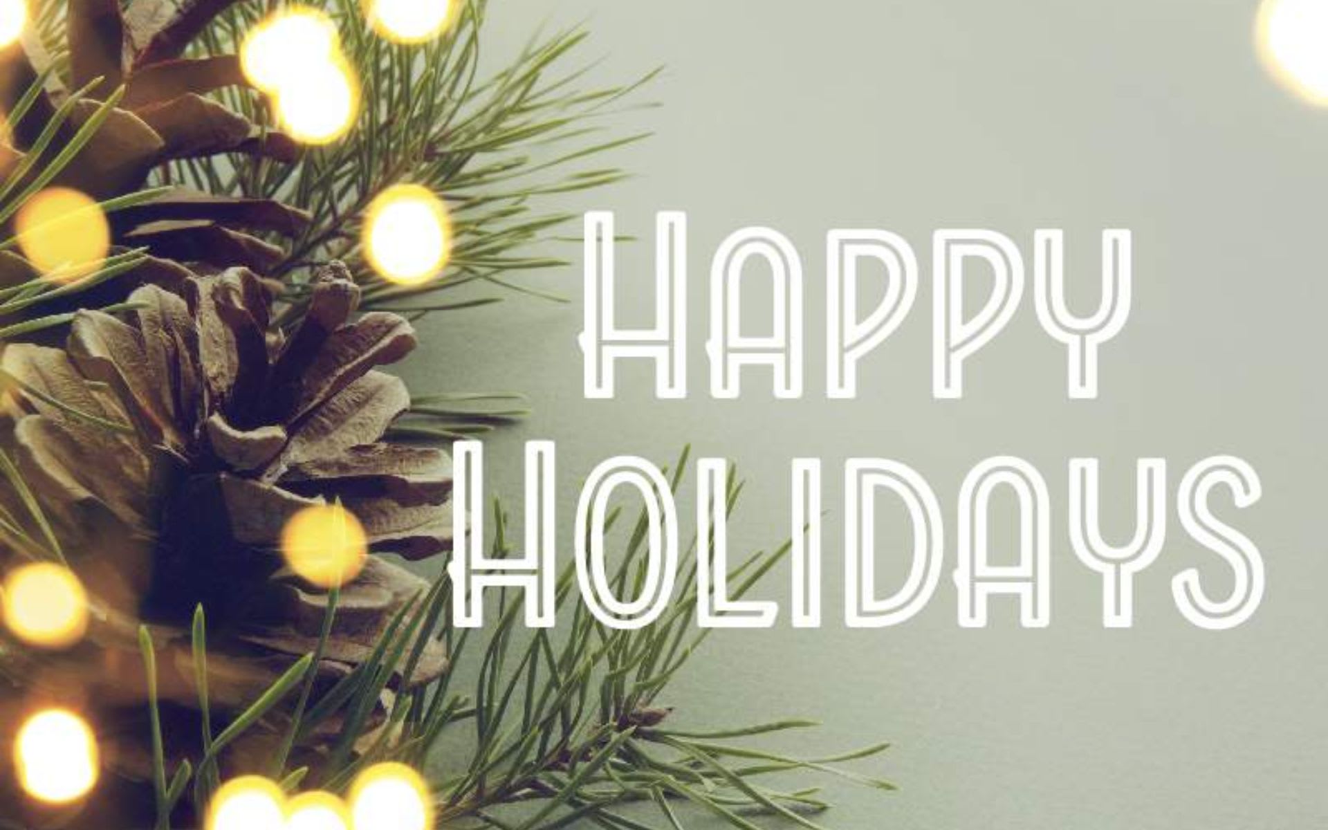 Holiday greeting with pinecones and evergreen branches lit by warm lights.