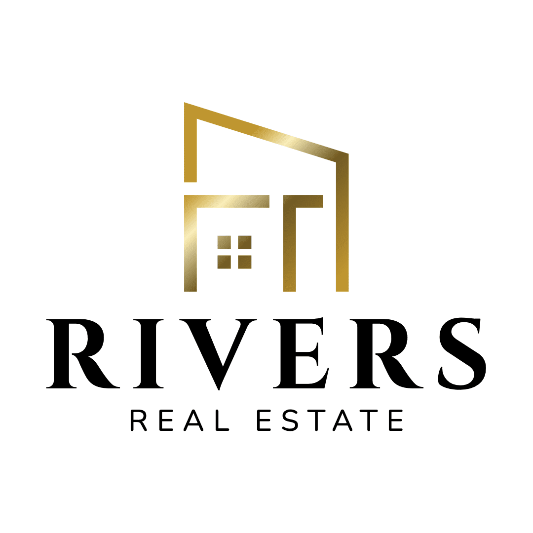 Black and gold image of Rivers Real Estate luxury homes logo