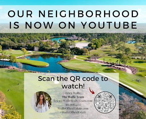 Mailer promoting a neighborhood YouTube video, with an aerial golf course view, QR code, and team contact details.