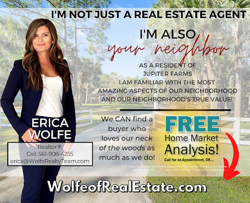 Erica Wolfe’s real estate mailer offers a free home market analysis and highlights her local Jupiter Farms knowledge.
