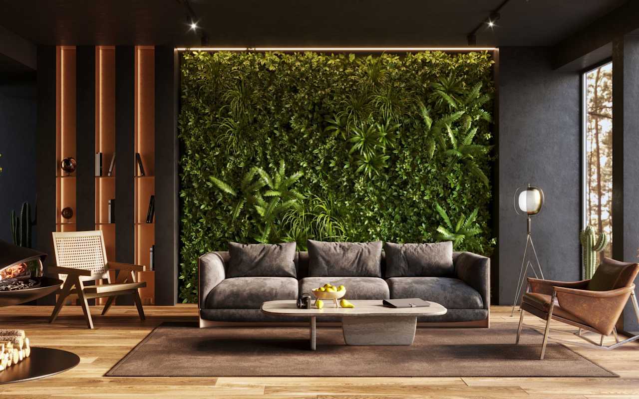 green plant wall with couch