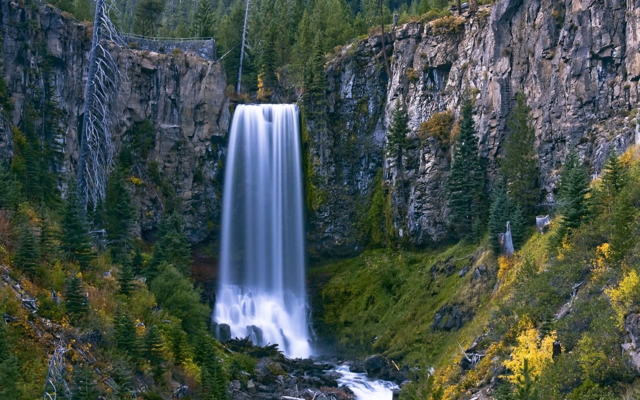 a majestic tall waterfall surrounded by green trees within the mountain