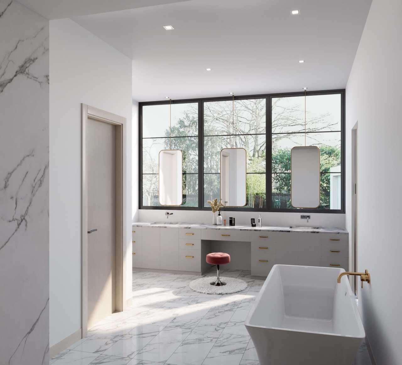 Sophisticated master bathroom featuring floating mirrors, a soaking tub, and white marble with grey veins for a luxurious and serene atmosphere.