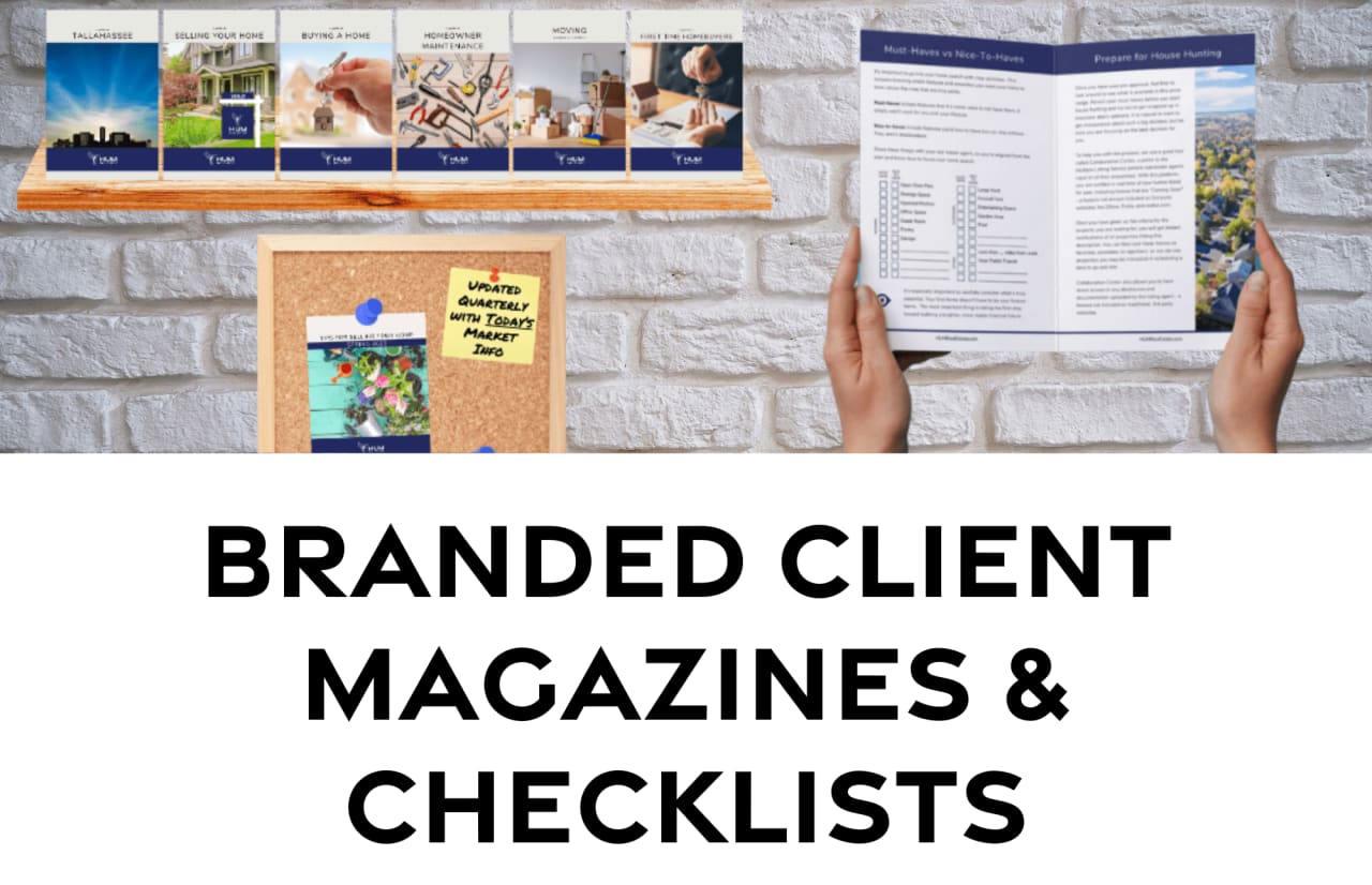 Hands holding magazines and checklists, representing a service for creating branded print materials for clients. 