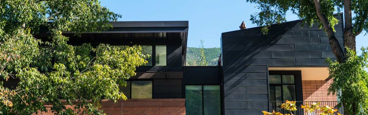 A modern two-story house with a black metal roof and large windows.