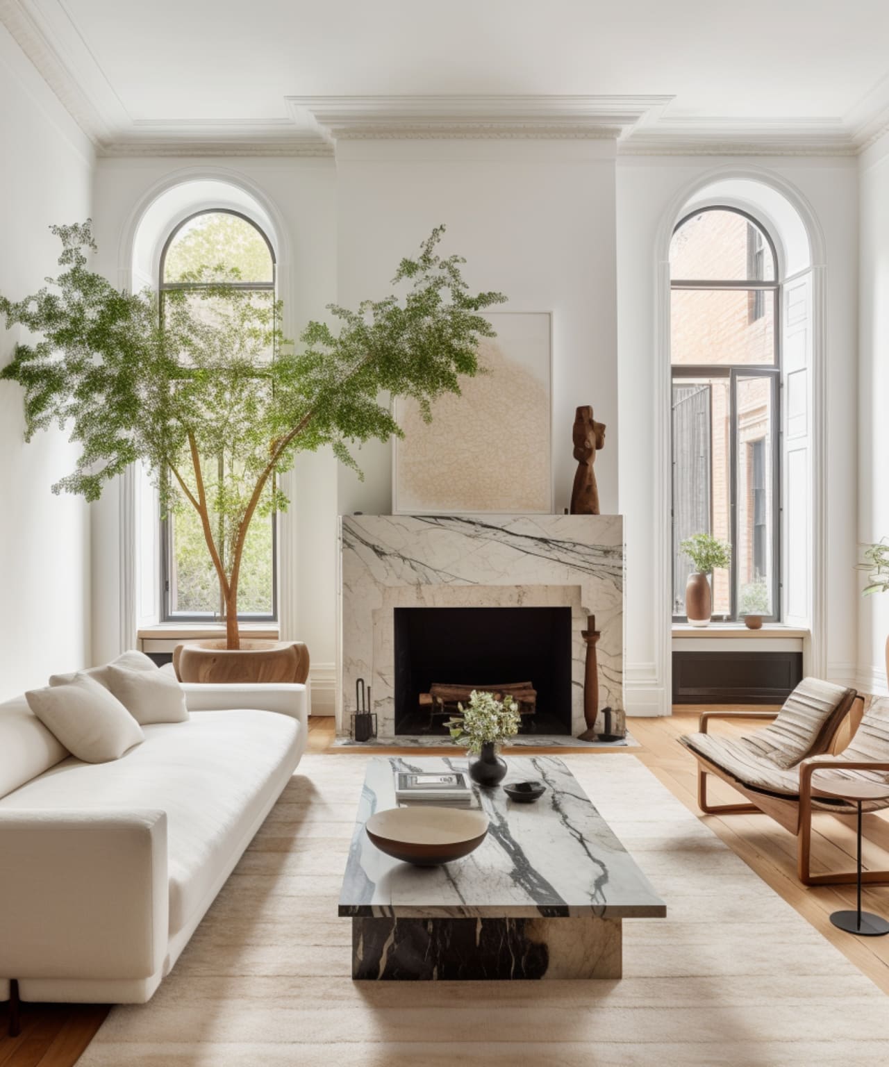 Modern living room with marble fireplace, white sofa, and large indoor plant near arched windows.