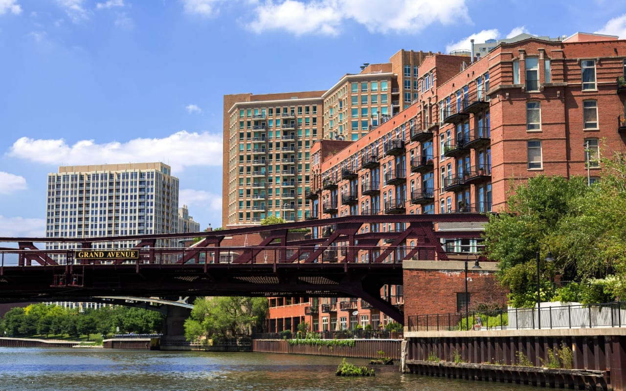 The Grand Avenue Bridge over the Chicago River in the River North neighborhood, surrounded by various buildings.