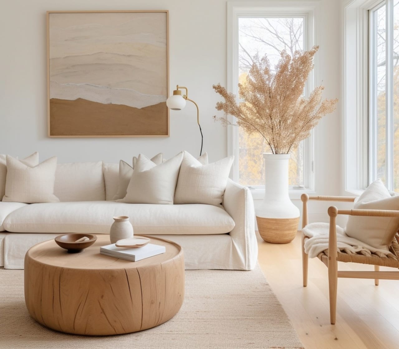 A mid-century modern living room with a coffee table, a woven basket with a lid, a white lamp, and large windows.