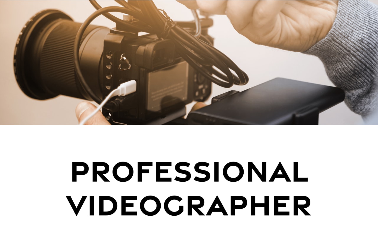 A videographer operating a camera, suggesting services for professional video production. 