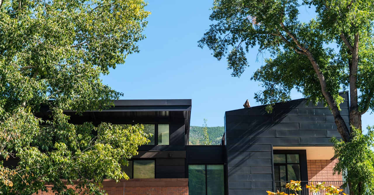 Modern dark-clad home with flat roofs and brick accents, framed by leafy trees.