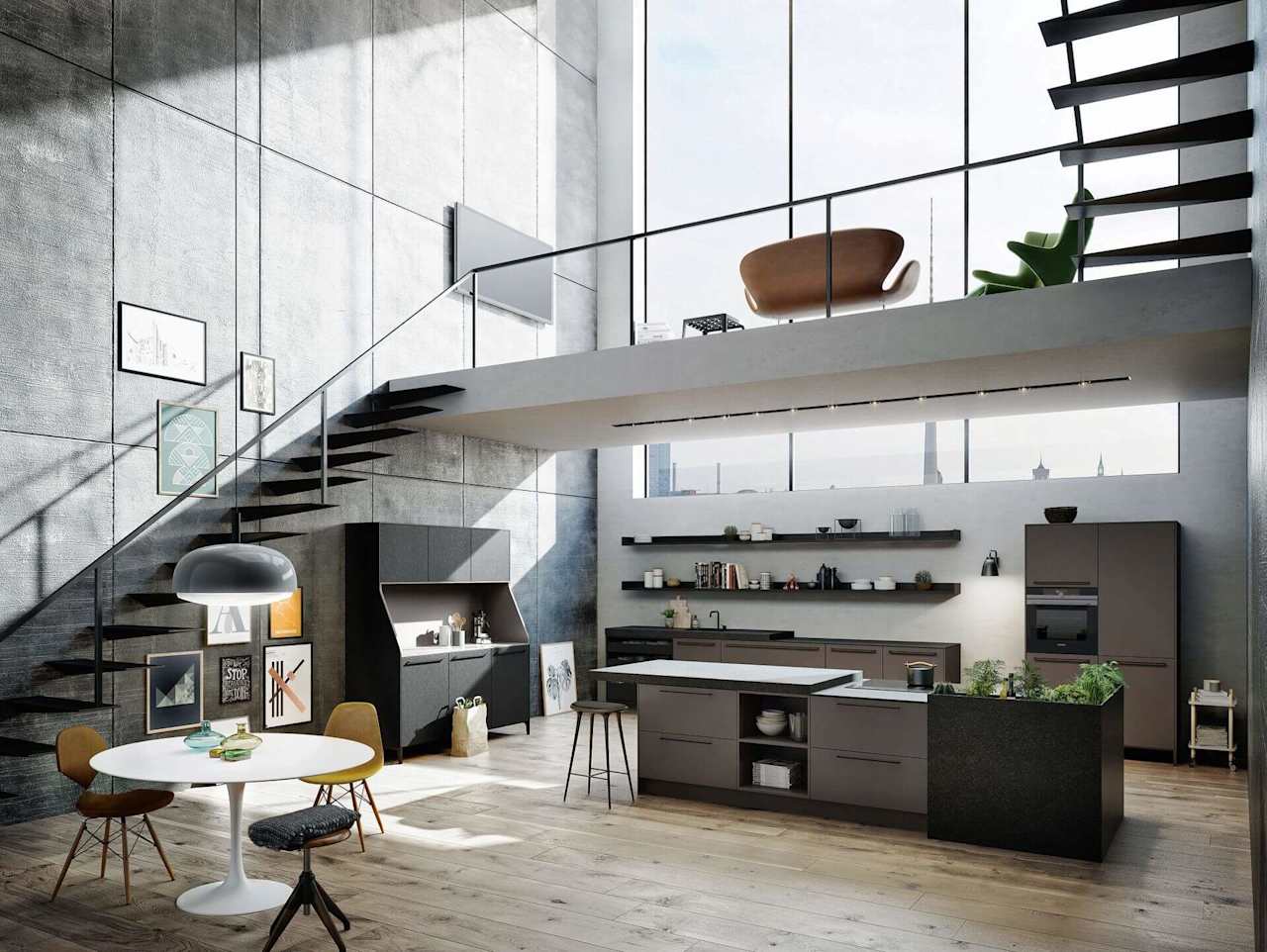 Modern kitchen and dining area in a loft with industrial accents